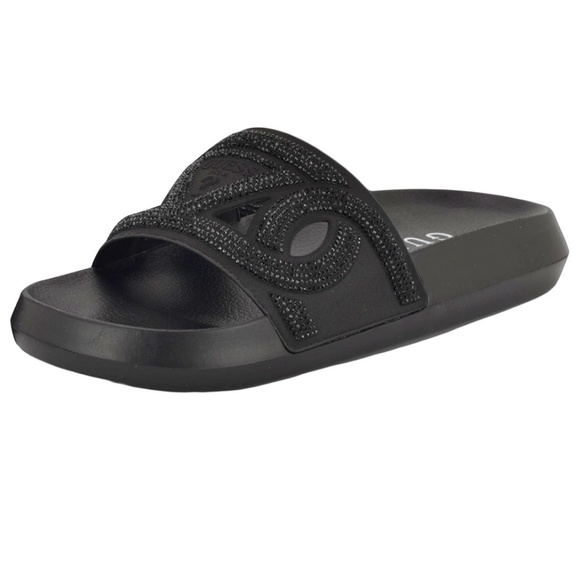 NWT Guess Payca Slides Black Rhinestone Sandals Open Toe Slip Ons Shimmer Sz 9 - Picture 1 of 13